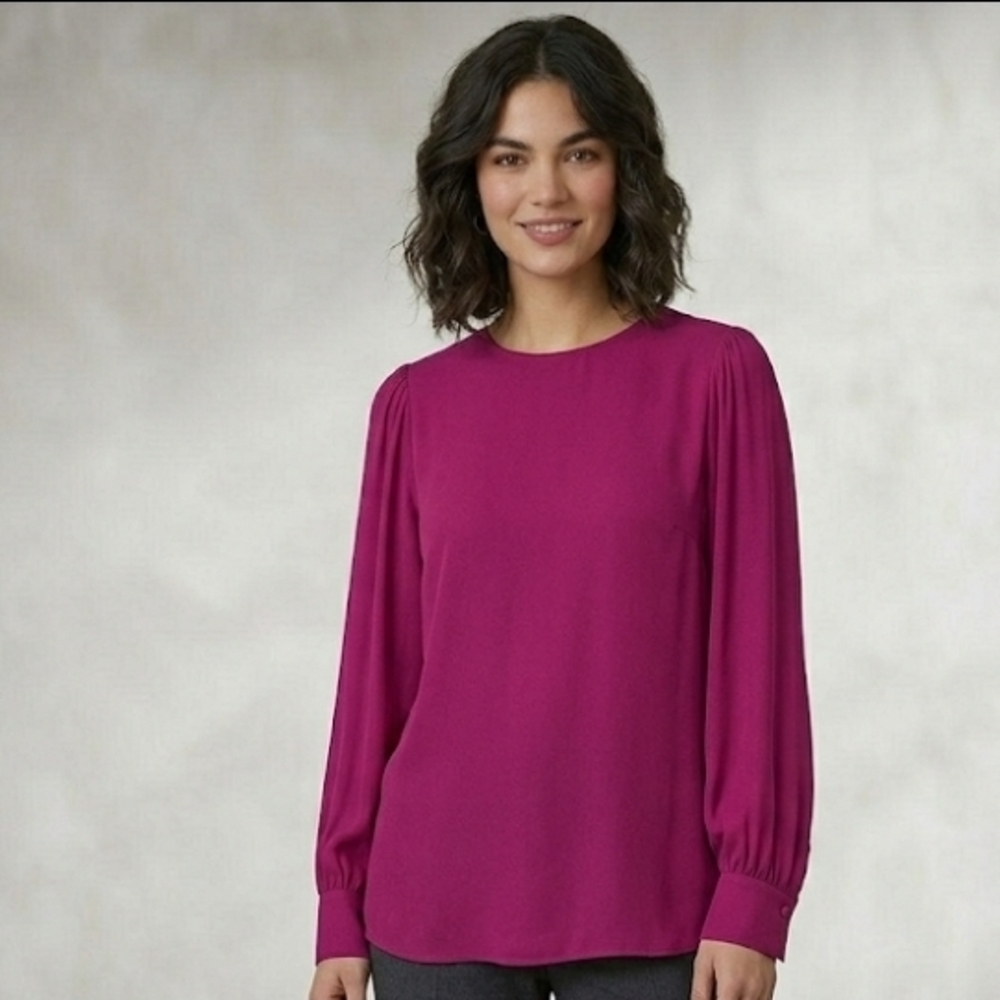 Adrianna Papell Magenta Long Sleeve Blouse Size M Puff Sleeve Crepe